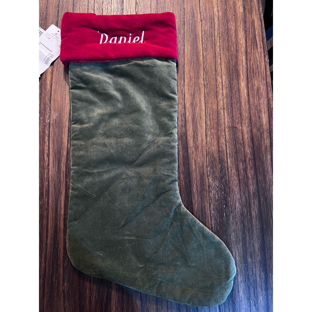 Pottery Barn Classic Green Velvet Christmas Stocking Red Cuff Mono “Daniel” xl